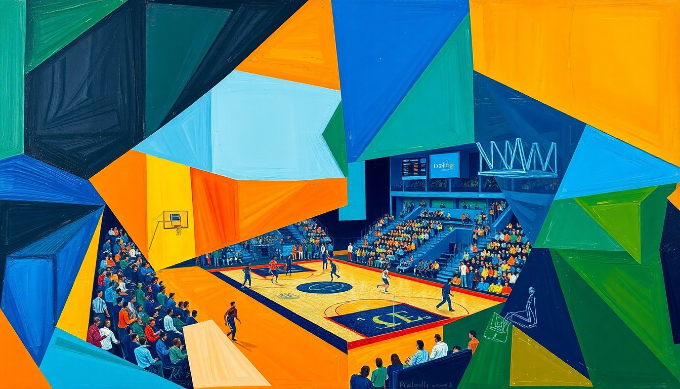 A cubist-style painting featuring overlapping geometric shapes and planes in shades of blue, orange, and green, capturing the dynamic action and energy of a college basketball game.
