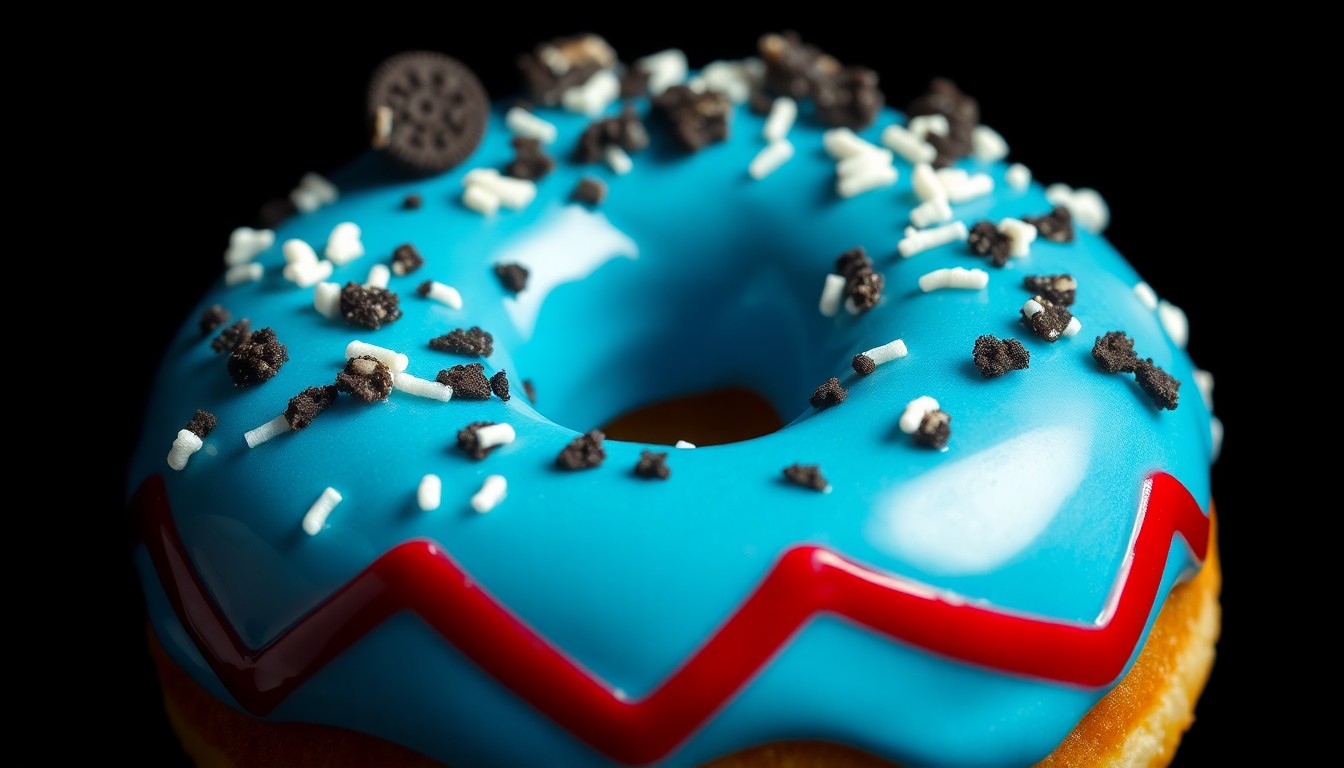 An extreme close-up photograph of a Krispy Kreme donut featuring intricate textures of blue icing, OREO crumbs, white sprinkles, and a red chevron design, captured in dramatic, high-contrast studio lighting to create a sense of celebratory, high-fashion glamour.