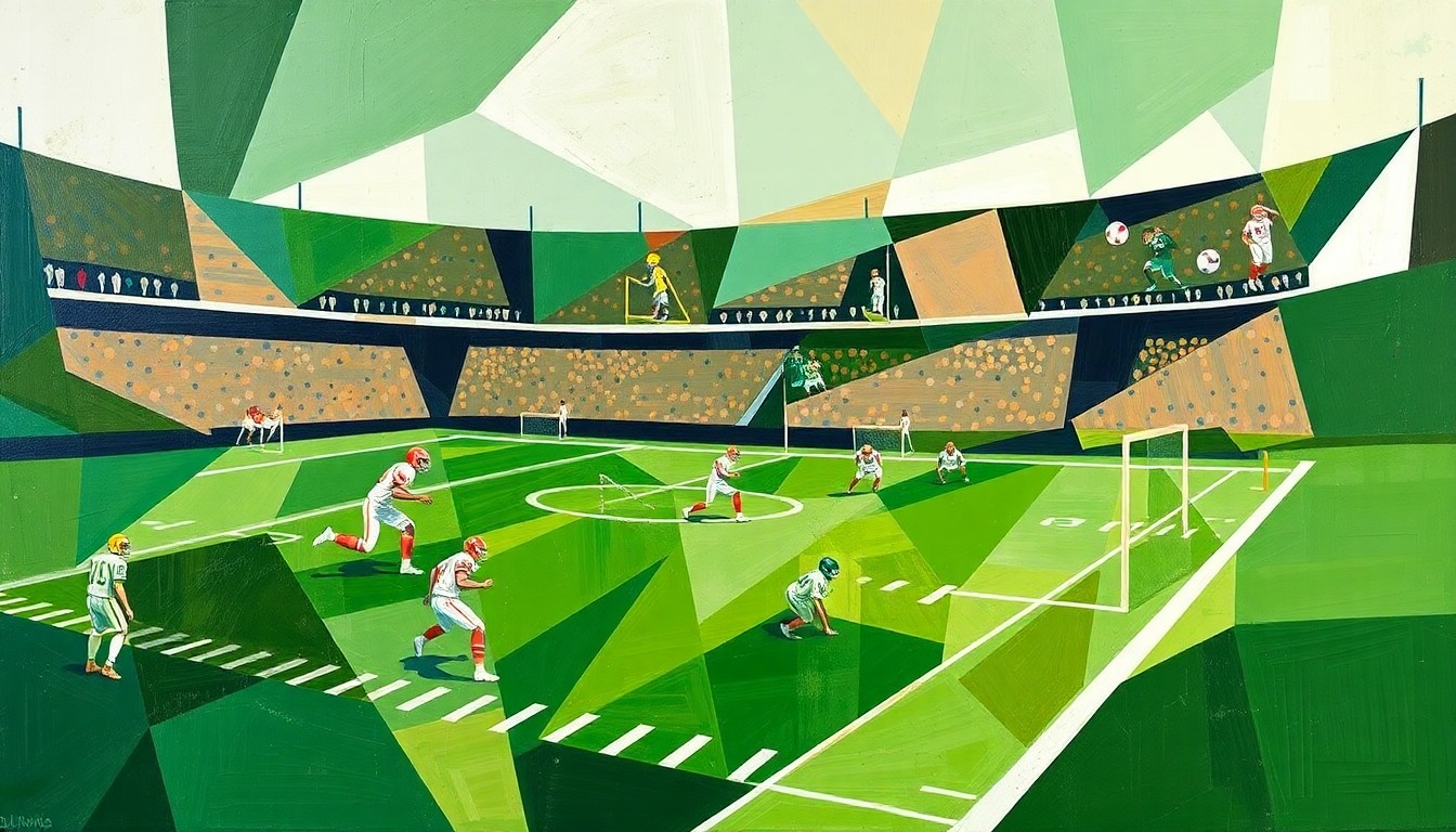 A cubist, geometric painting depicting a fragmented football field, with players and officials broken down into overlapping shapes and planes of color, representing the disruption and uncertainty surrounding the use of replacement referees.