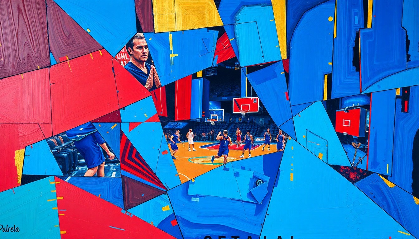 A fractured, cubist-style painting depicting the action of a basketball game, with sharp geometric shapes and planes of vibrant colors representing the players, court, and movement of the game. The conceptual illustration captures the transition and shift in the Cavaliers' franchise as they move on from Darius Garland.