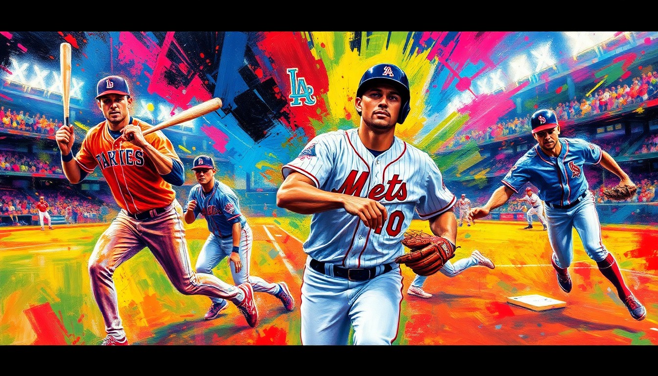 A vibrant, expressionist painting in neon colors depicting the raw movement and energy of a baseball game, with players and equipment dissolving into abstract brushstrokes.