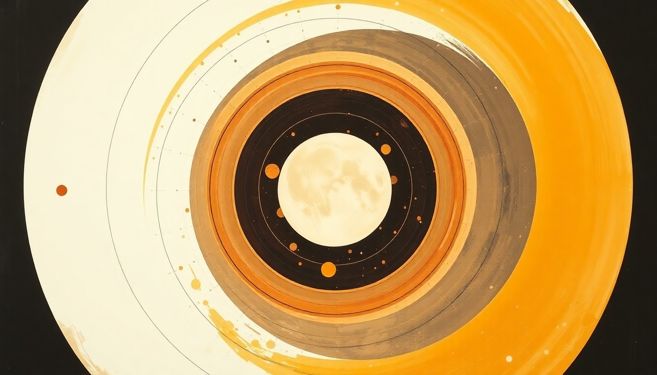 A highly structured abstract painting in muted earth tones, featuring sweeping geometric arcs, concentric circles, and precise spirals, representing the complex orbital mechanics and technological systems of the Artemis II mission to the moon.