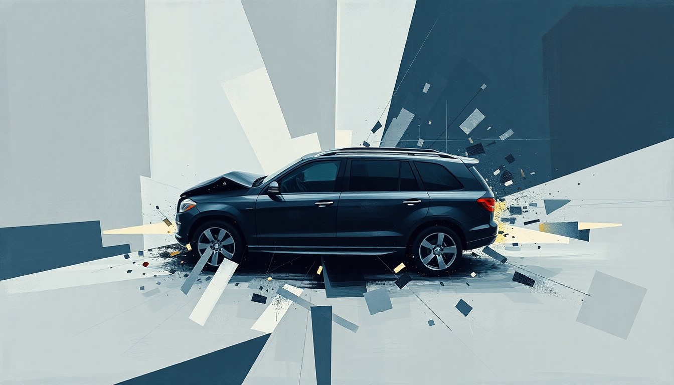 A fractured, geometric painting depicting the distorted, overlapping forms of a crashed black SUV, conveying the chaos and uncertainty surrounding Tiger Woods' latest automotive incident.