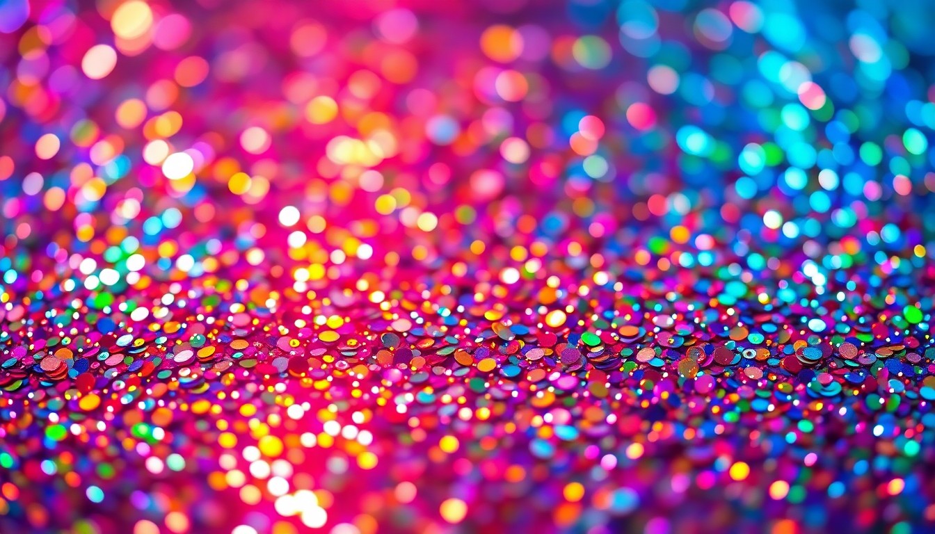 An extreme close-up photograph of shimmering rainbow-colored sequins under dramatic studio lighting, capturing the glamour and energy of a pride celebration.