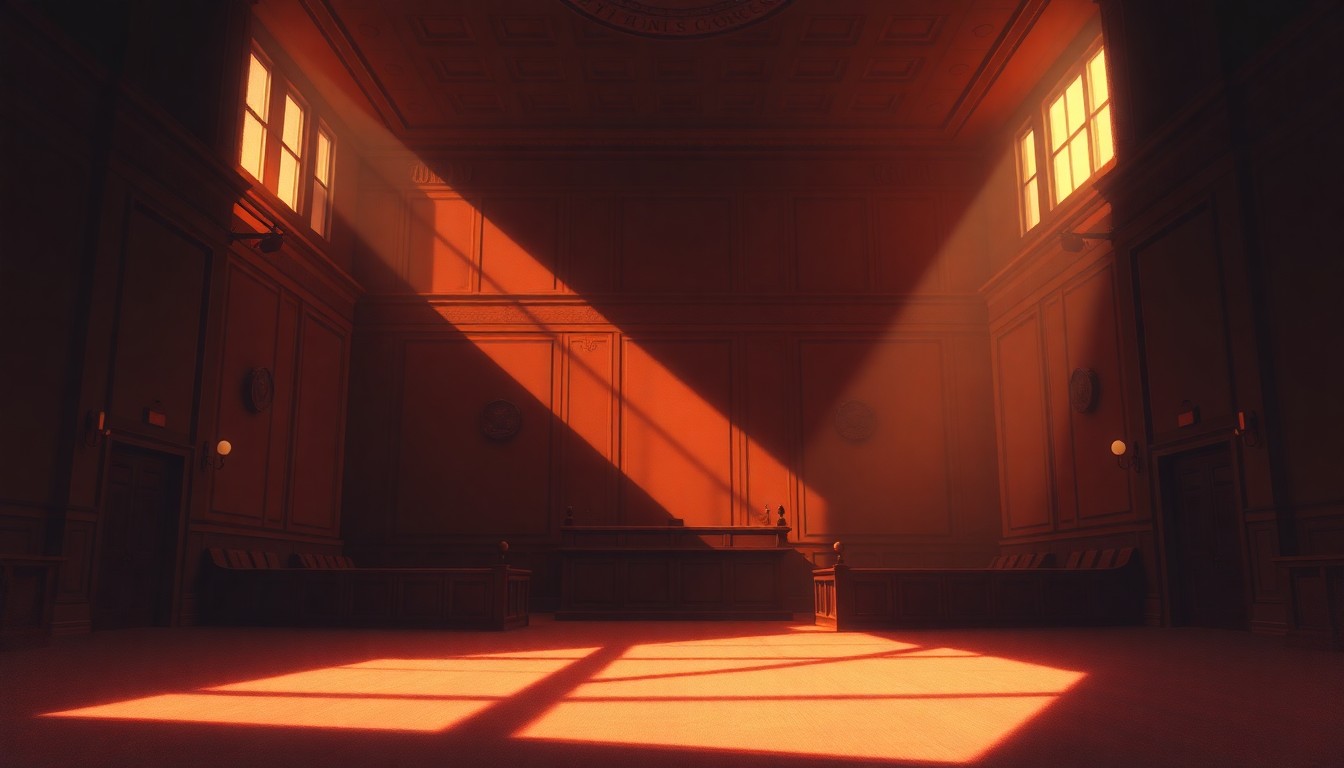 A dimly lit, cinematic painting of an empty city council chamber, with warm sunlight streaming in through the windows and deep shadows cast across the room, creating a sense of solemnity and contemplation.