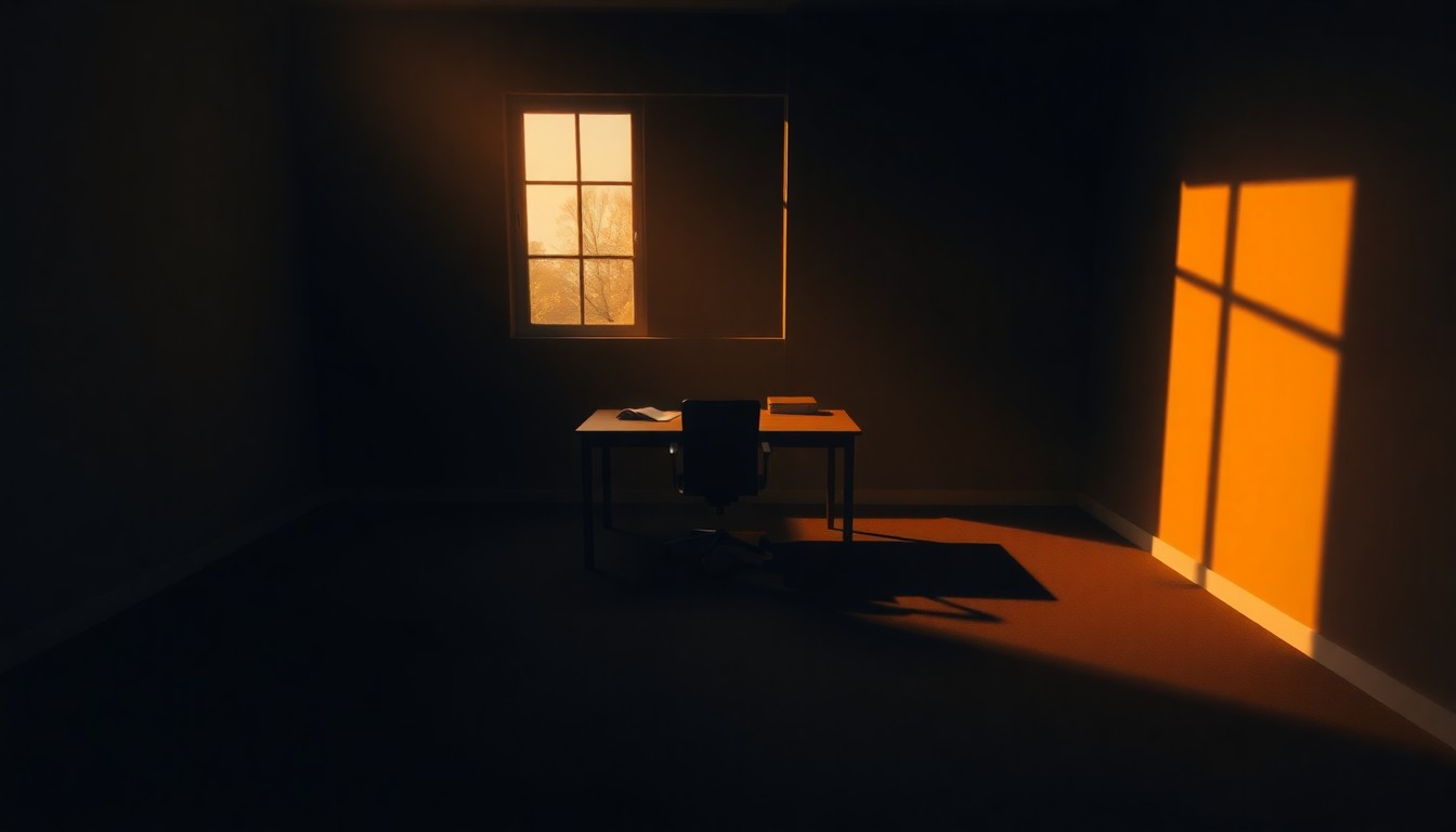 A dimly lit, cinematic office space with a lone desk and chair, bathed in warm, golden light from a window, creating a sense of melancholy and isolation.