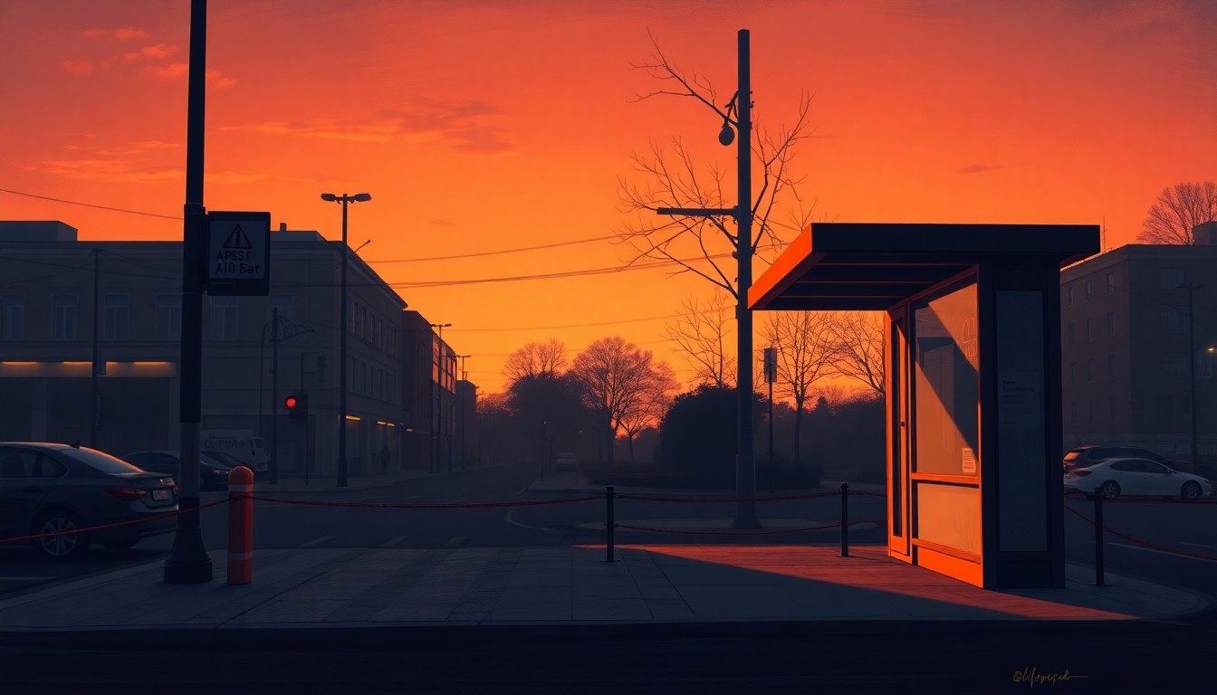 A serene, nostalgic painting of an empty city bus stop at dusk, with warm lighting and deep shadows creating a contemplative mood that reflects the community-driven nature of Chicago's reparations effort.