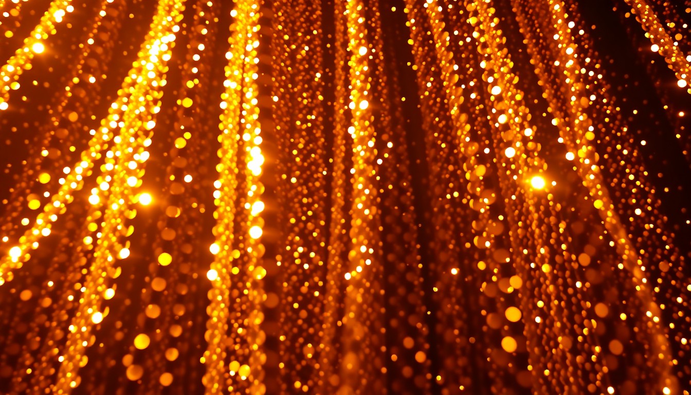 An abstract close-up photograph of shimmering gold sequins reflecting dramatic studio lighting, conveying the lavish, high-fashion aesthetic of a Diana Ross concert.