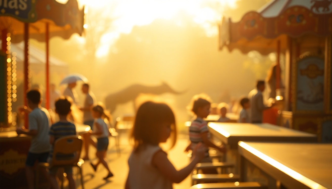 A hazy, impressionistic photograph of children playing carnival games at a zoo, with blurred animal shapes in the background, all bathed in a warm, golden glow.