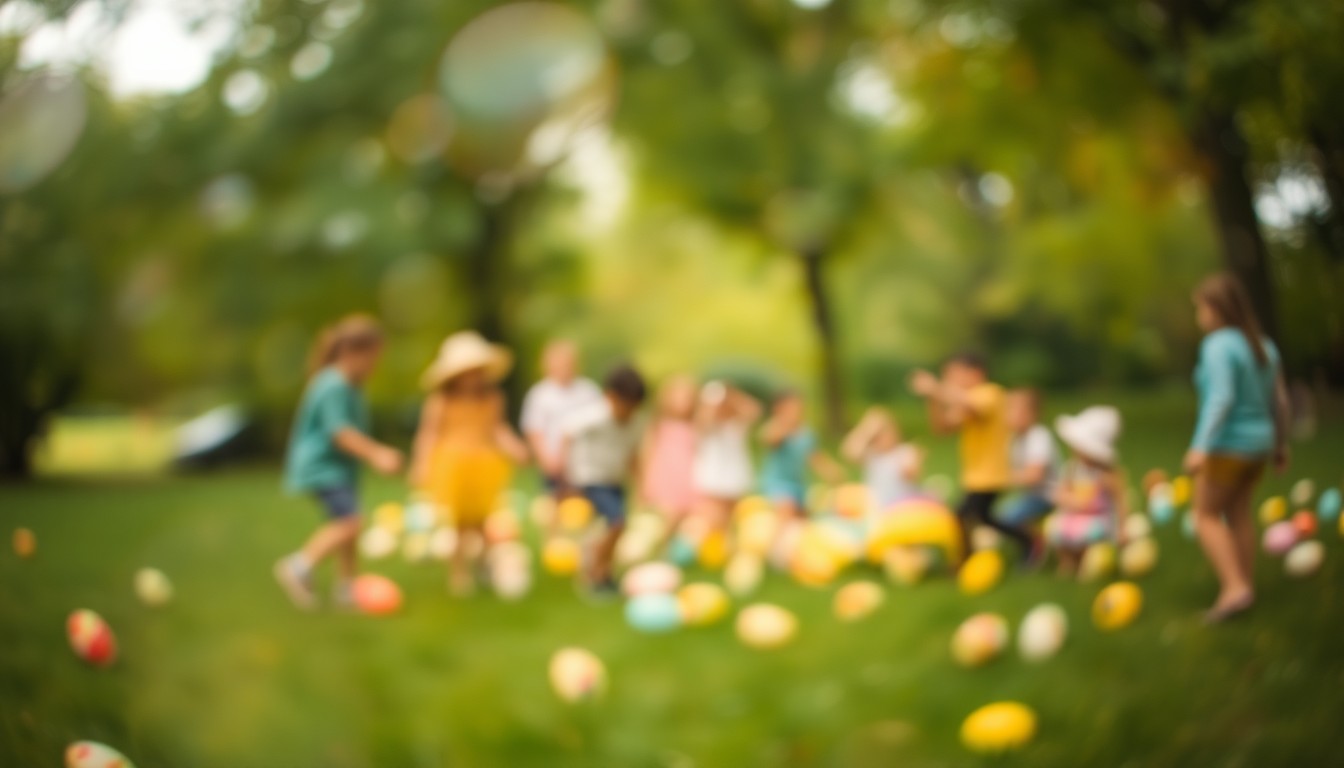An impressionistic, out-of-focus scene of a grassy park setting with blurred shapes of children and adults moving through the frame, conveying the joyful energy of an Easter celebration.