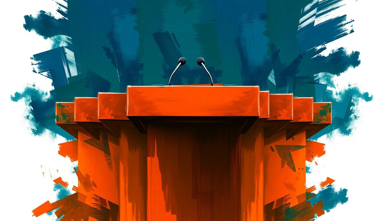 A vibrant, abstract painting featuring a fragmented, repeating image of a political podium in shades of blue, green, and orange, conveying the dynamic and competitive nature of the upcoming GOP gubernatorial debate.