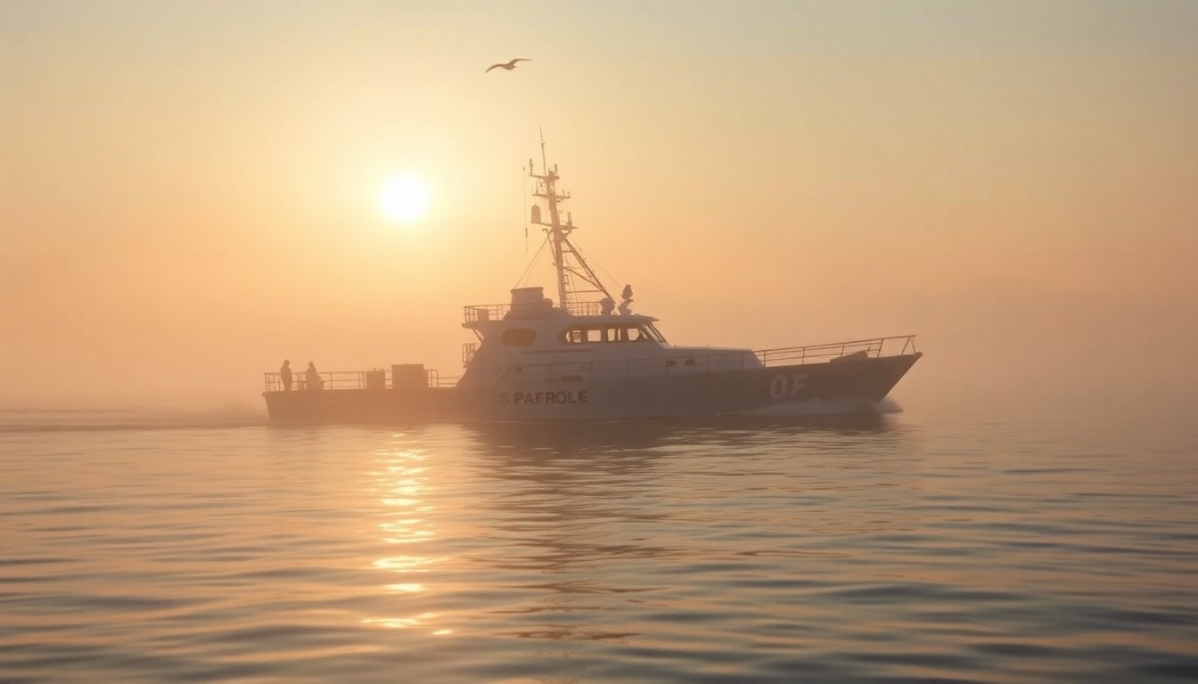 A serene, out-of-focus photograph of a marine patrol boat gliding through the calm waters of the Albemarle Sound, with the sun's rays creating a warm, dreamlike atmosphere, capturing the essence of the Marine Patrol's important work.