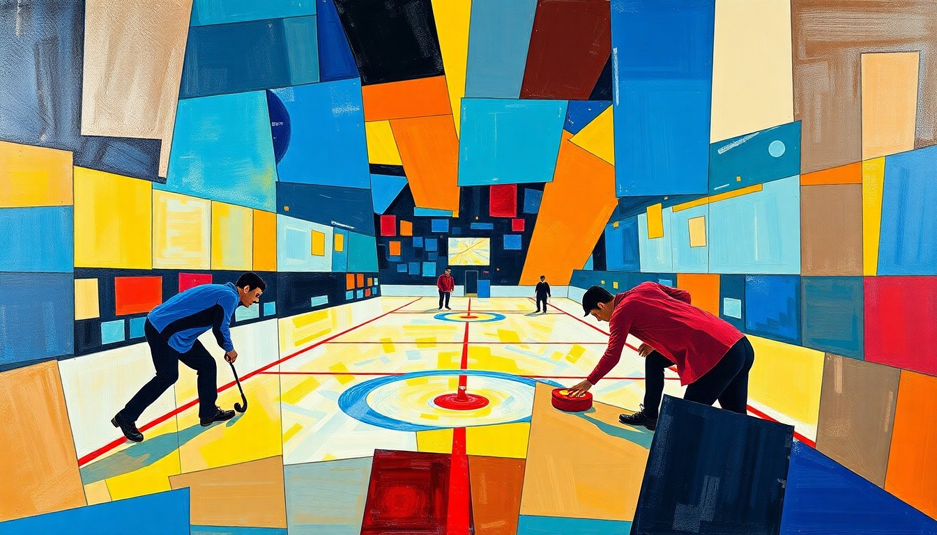 A fragmented, geometric painting depicting the dynamic movements and competitive energy of a curling match, with sharp planes of vibrant blue, red, and yellow colors.