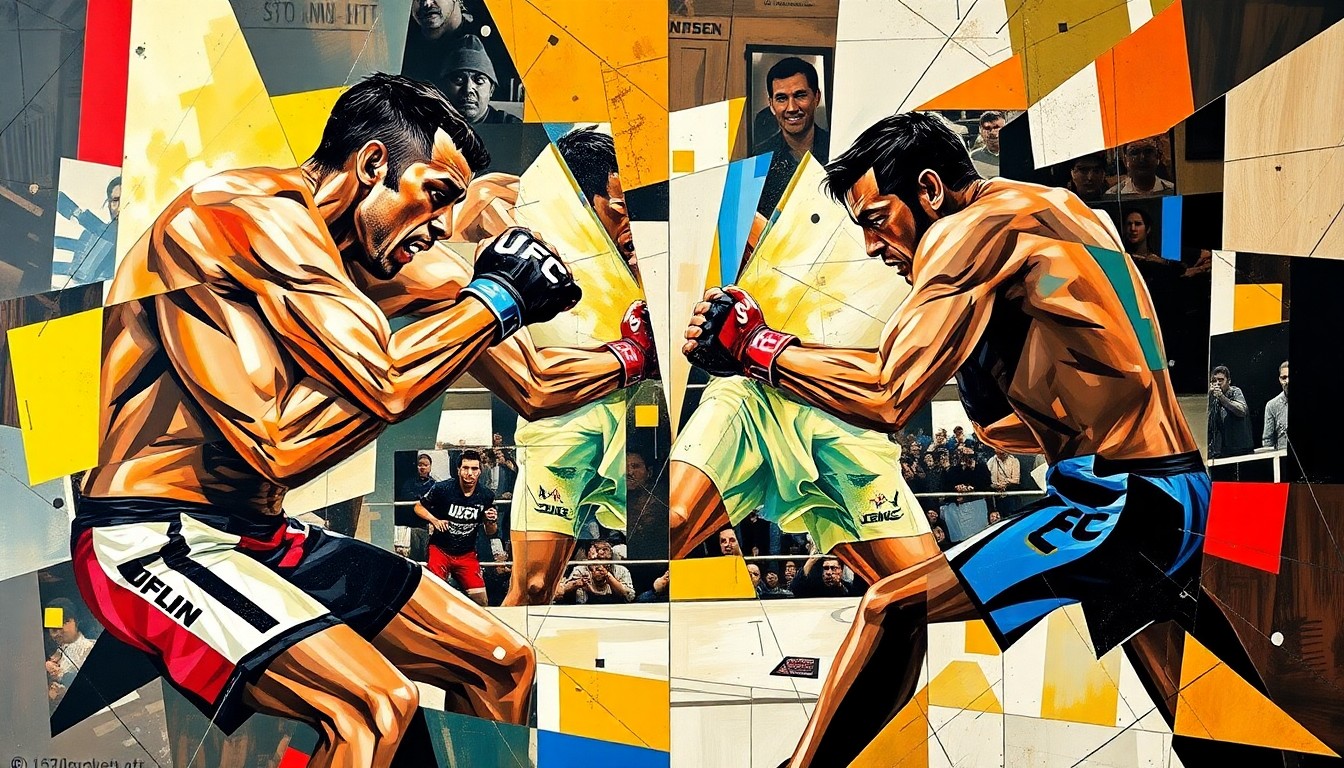 A fragmented, geometric painting depicting the motion and intensity of a combat sports match, with sharp planes of color and form representing the fighters' movements and emotions.