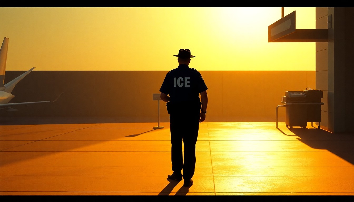 A serene, photorealistic painting depicting an ICE officer standing alone at the entrance of an airport terminal, the scene bathed in warm, golden light and deep shadows, conveying a sense of quiet tension and the complex intersection of immigration policy and transportation security.