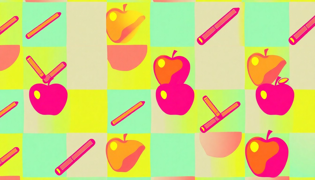 A brightly colored, high-contrast silkscreen print of several iconic classroom objects such as a chalkboard, pencil, and apple, repeated in a tight grid pattern to create a modern pop art representation of the teaching profession.