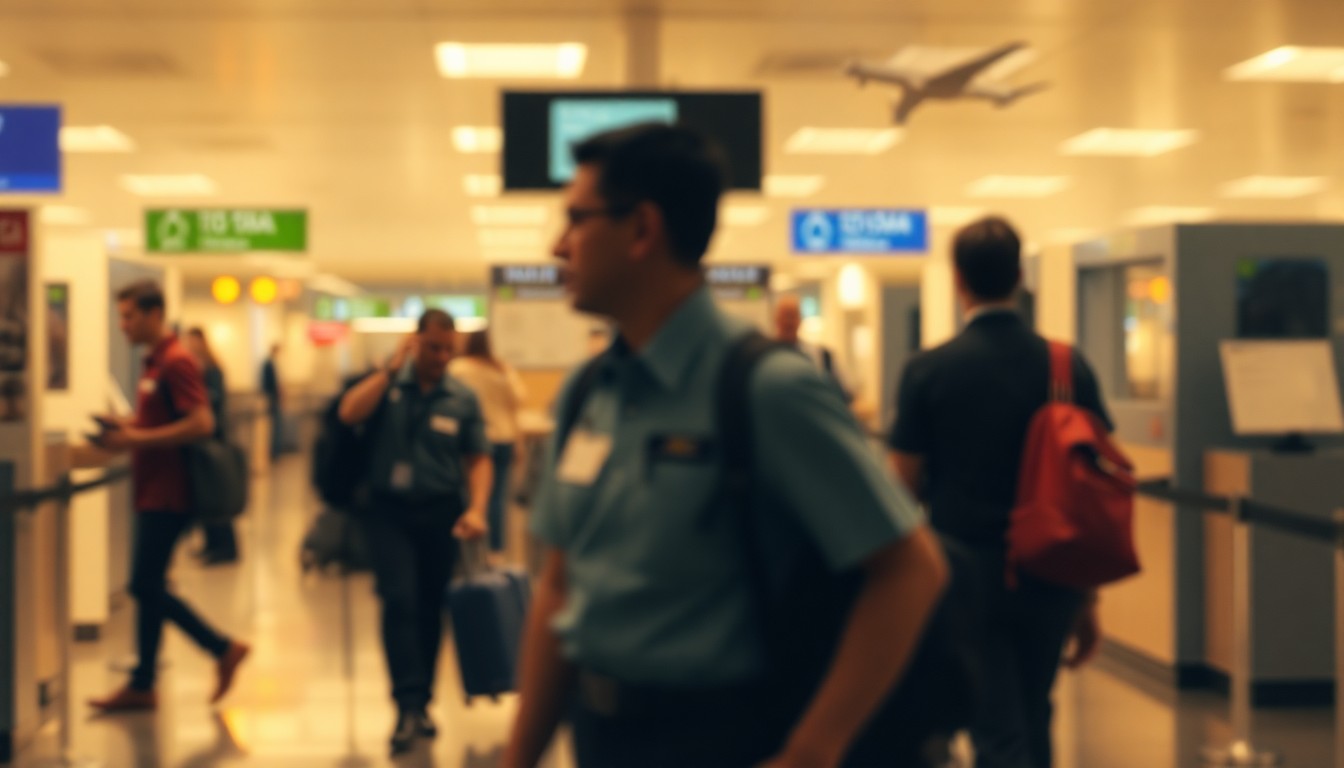An abstract, out-of-focus photograph in warm, muted tones depicting the blurred figures of TSA agents and travelers moving through an airport security checkpoint, conveying a sense of quiet gratitude and human connection.