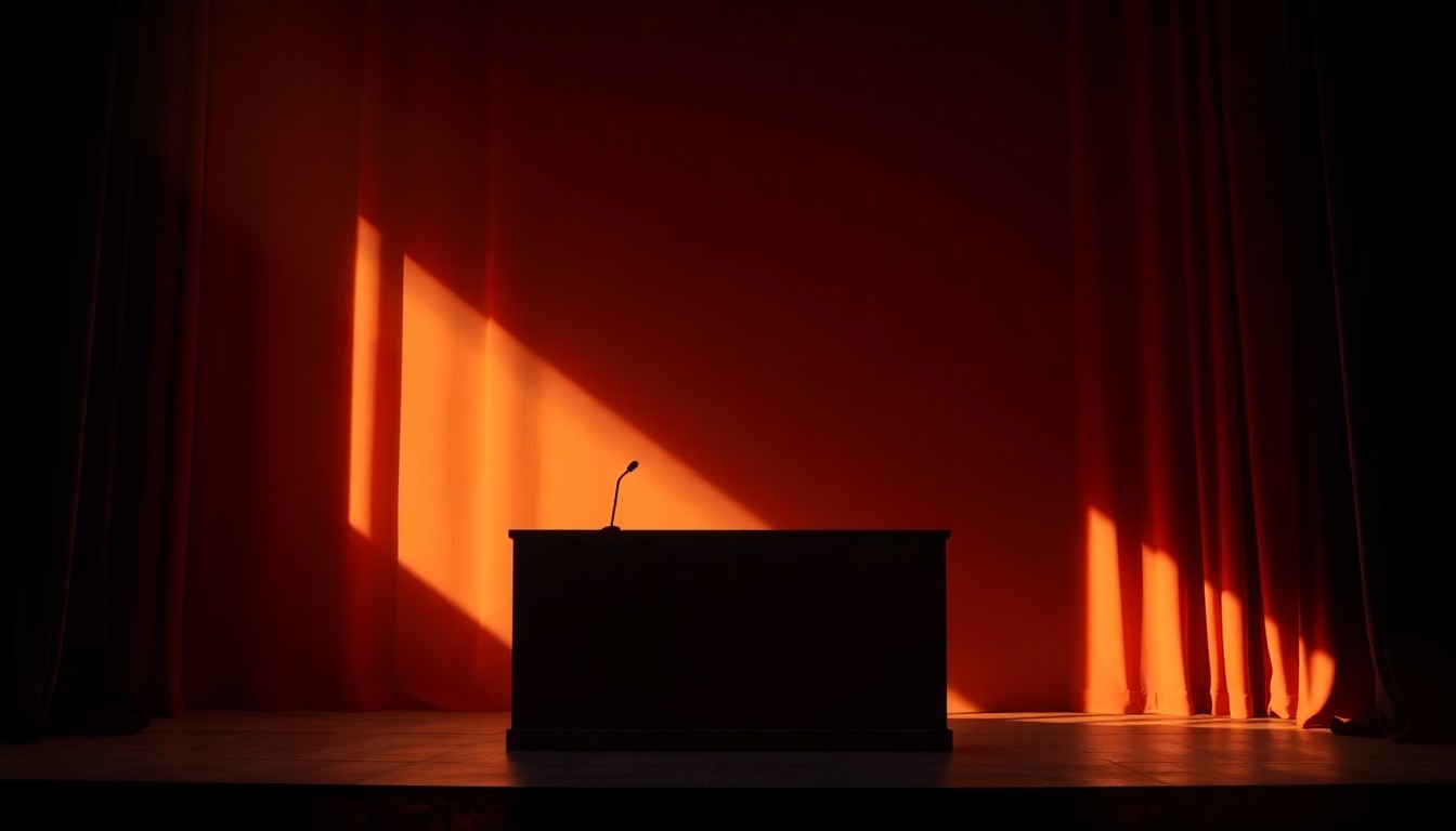 A serene, cinematic painting depicting an empty podium on a stage, with warm sunlight casting deep shadows across the scene, conveying a sense of solitude and missed opportunity.