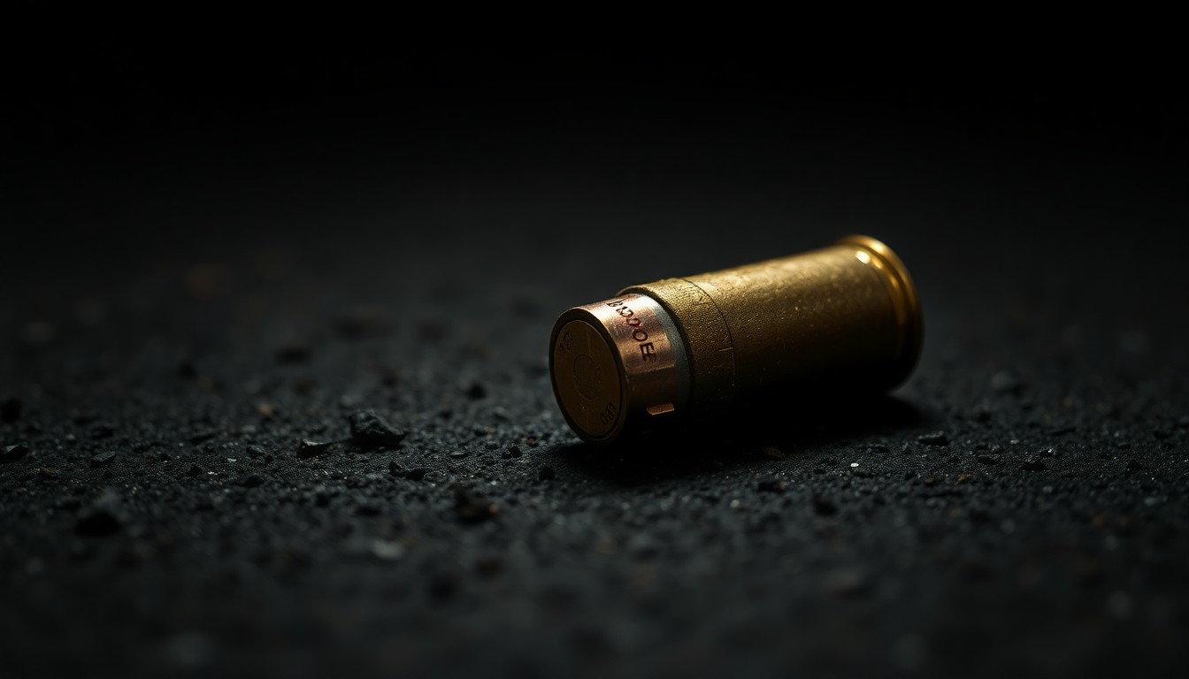 An extreme close-up photograph of a spent bullet casing on a dark, textured surface, capturing the gritty details and dramatic lighting to conceptually illustrate the aftermath of a shooting incident.