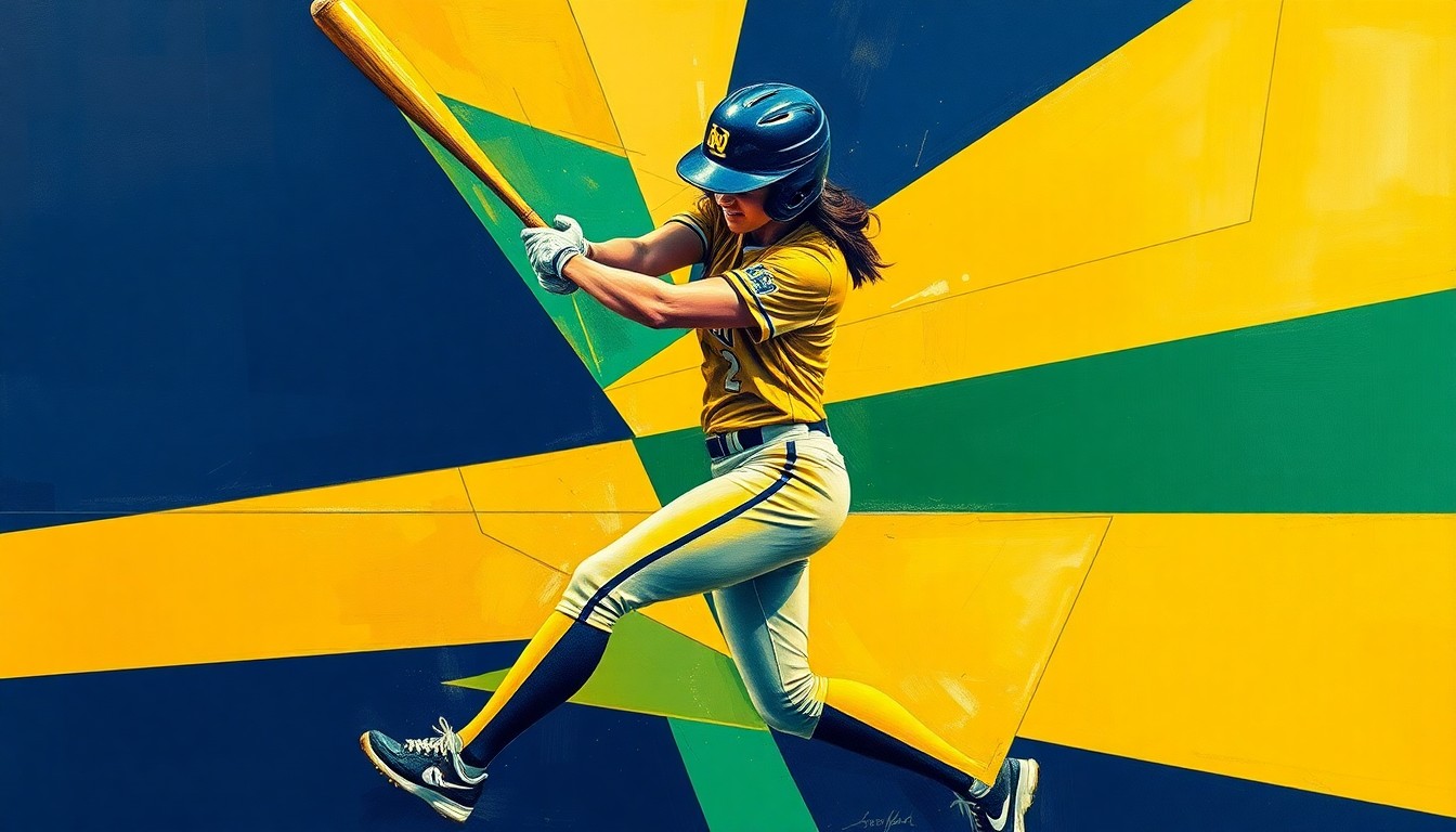 A fractured, multi-perspective painting depicting the swing of a Notre Dame softball player hitting a home run, with sharp, overlapping geometric shapes in vibrant shades of navy, gold, and green.