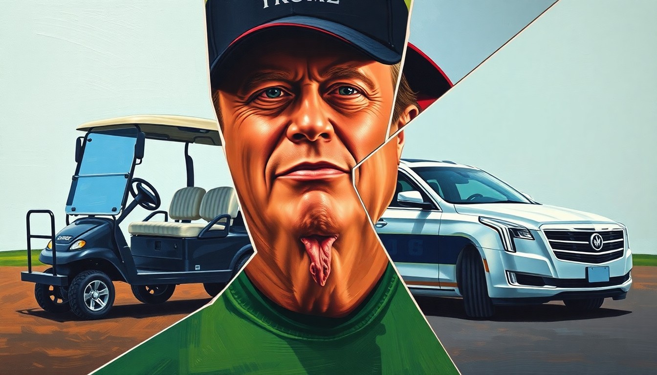 A fractured, multi-perspective painting depicting a golf cart, a luxury SUV, and a Secret Service vehicle broken down into sharp, overlapping geometric planes, representing the tension and conflict between the various parties involved.