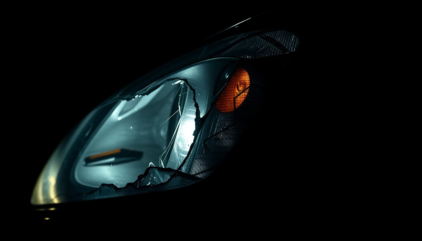 An extreme close-up photograph of a twisted, damaged car part reflecting harsh, direct light, conveying the stark, gritty aftermath of a serious car accident.