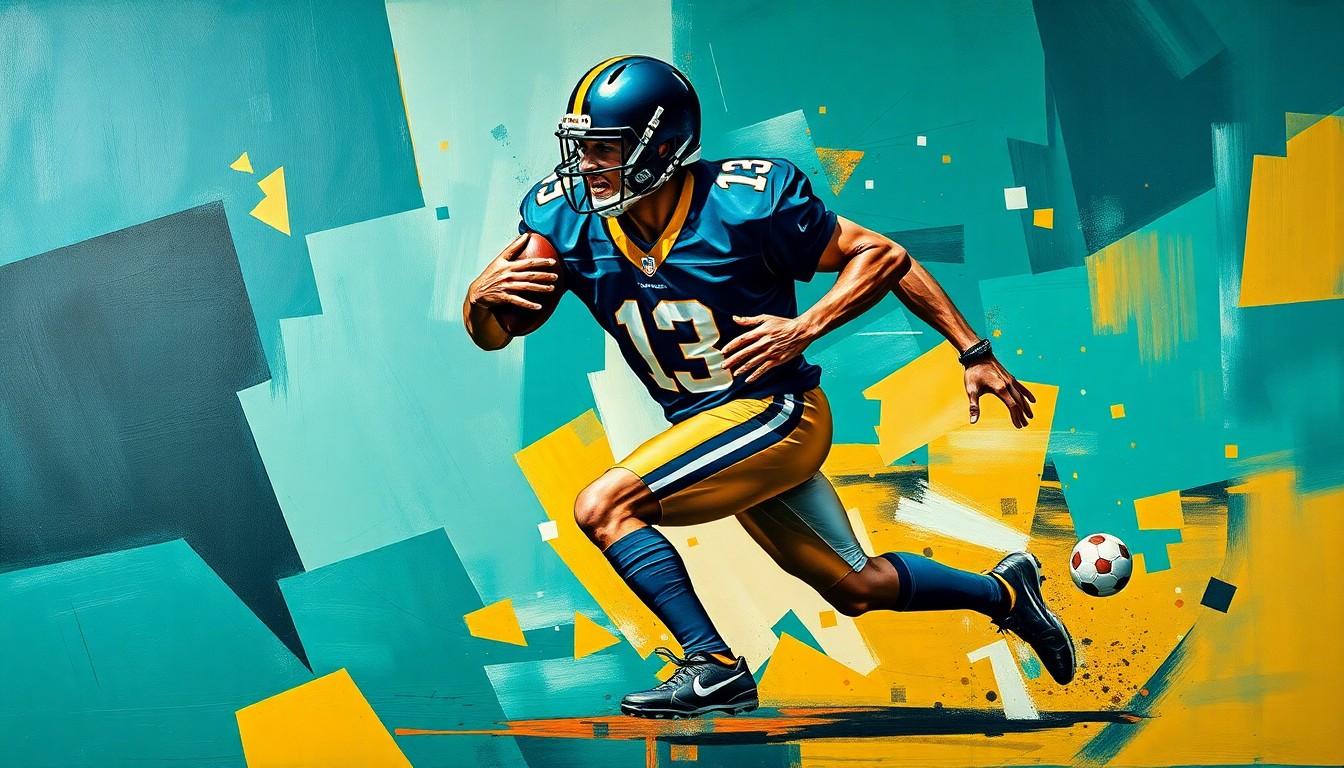 A cubist, geometric painting depicting a football player in mid-motion, with sharp, overlapping planes of teal, gold, and black colors representing the dynamic energy of the sport.