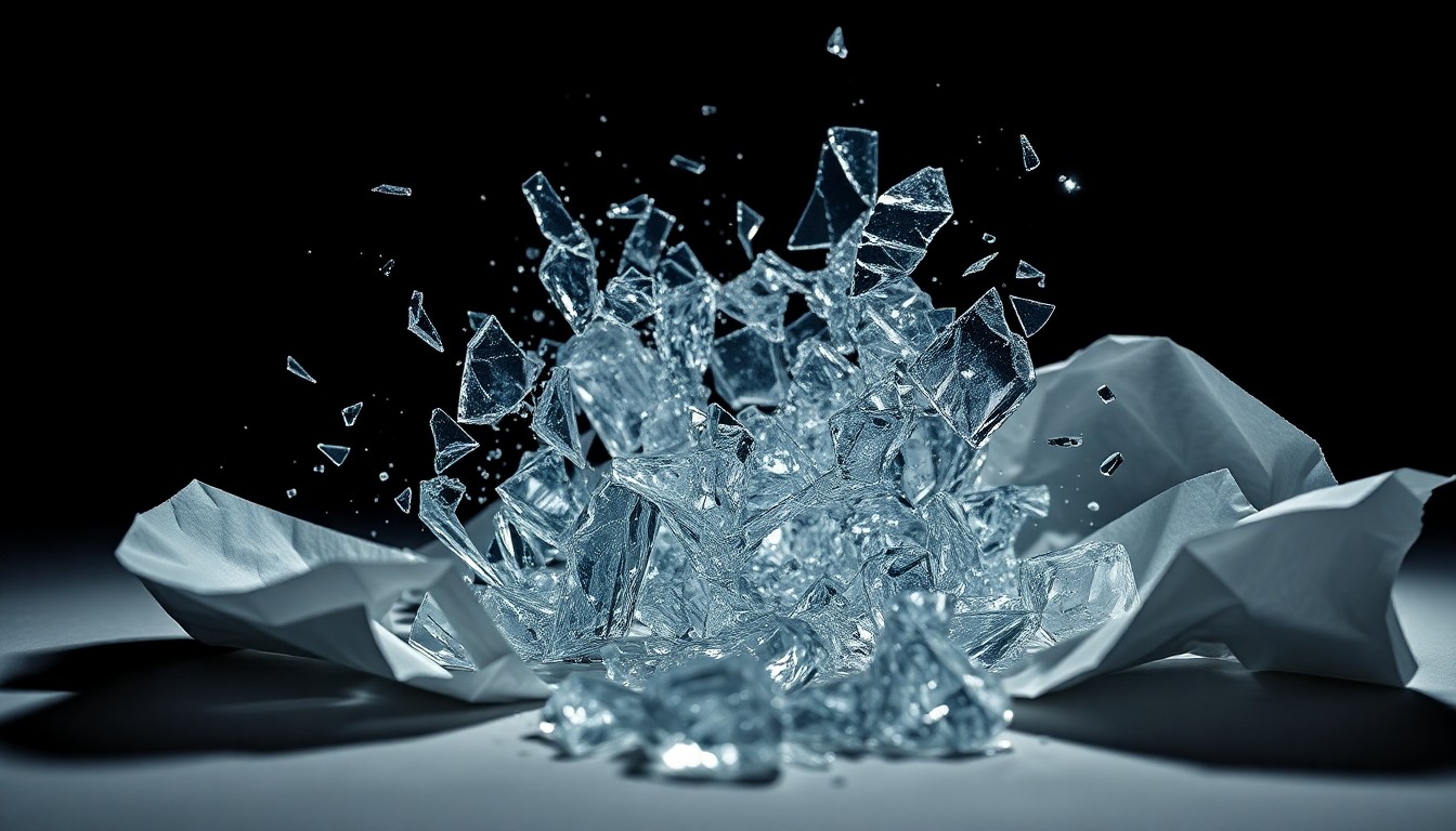An abstract, high-contrast close-up image of shattered glass and crumpled paper, conveying a sense of fragility and instability.