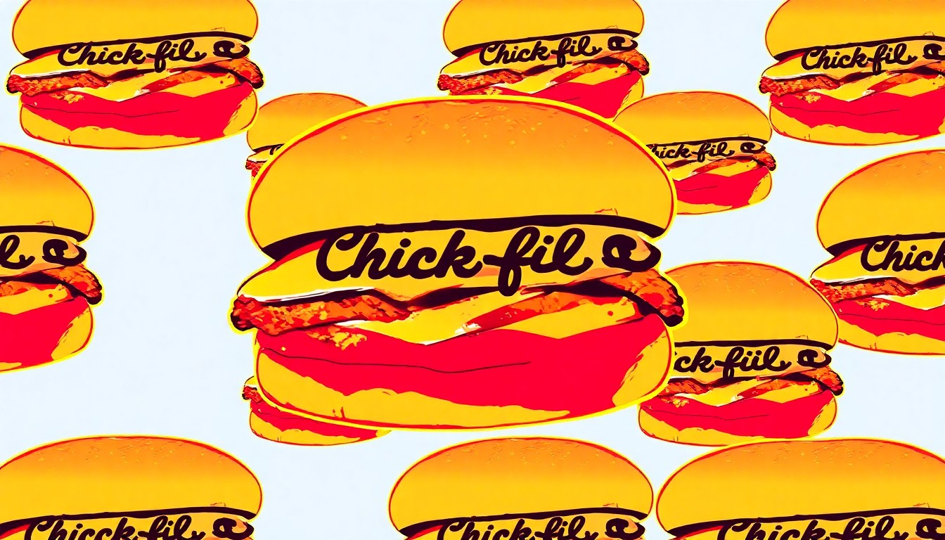 A brightly colored, high-contrast silkscreen print of a single, iconic Chick-fil-A chicken sandwich repeated in a tight grid pattern, conceptually representing the chain's efforts to reduce food waste and feed the hungry.