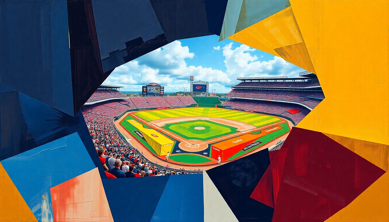 A cubist, geometric painting depicting a baseball game broken down into overlapping planes of navy, crimson, and gold, capturing the tension and intensity of the close matchup between Villanova and UT Arlington.
