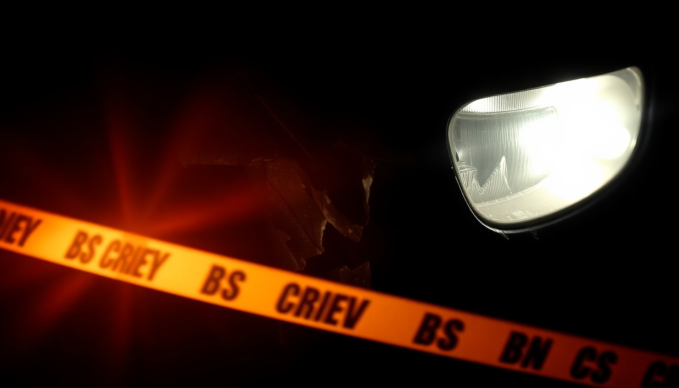 An extreme close-up photograph of a damaged car bumper or other physical evidence from the crime scene, lit by a harsh, direct camera flash against a pitch-black background, conveying a stark, gritty, investigative aesthetic.