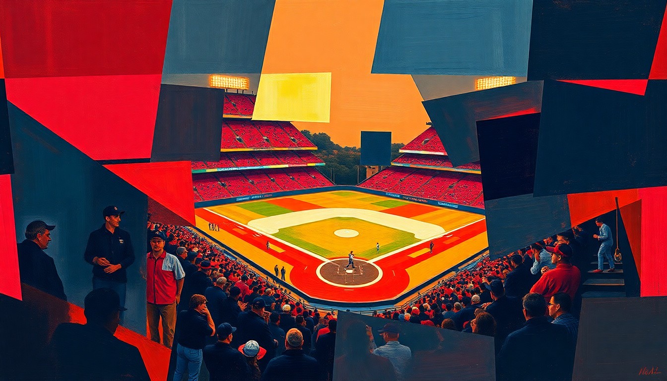 A cubist, geometric painting depicting a college baseball game, with overlapping planes of crimson, navy, and gold representing the dynamic action and competition on the field.