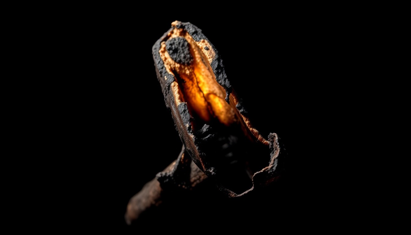 An extreme close-up photograph of a charred, twisted piece of metal from the fire-damaged home, capturing the gritty, investigative aesthetic of the incident.