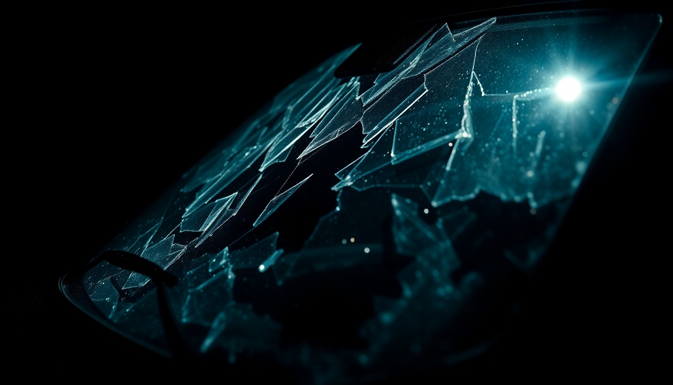 An extreme close-up photograph of a shattered car windshield or other damaged vehicle part, conveying the harsh, sudden impact of the crash through dramatic lighting and stark composition.