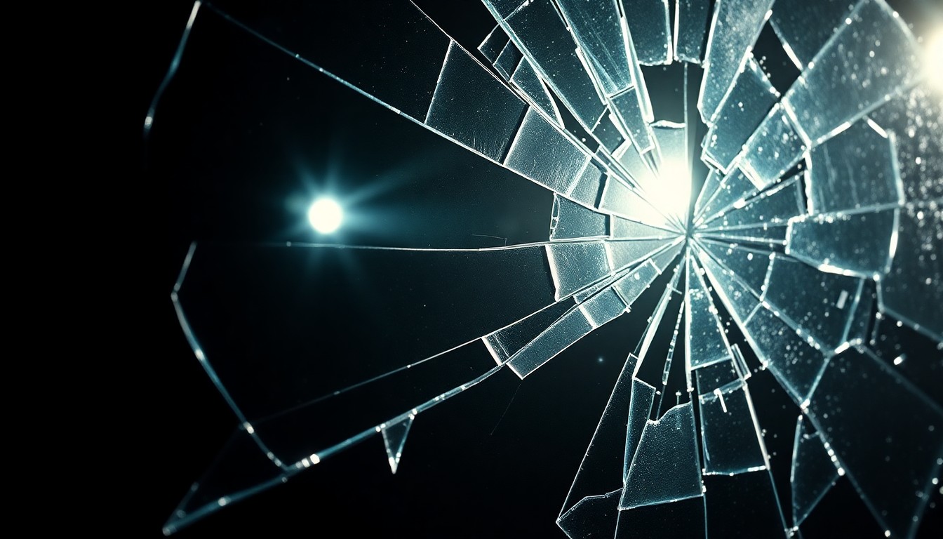 An abstract close-up photograph of shattered glass reflecting a dramatic spotlight, conveying the sense of tension and crisis happening off-camera on a television production.