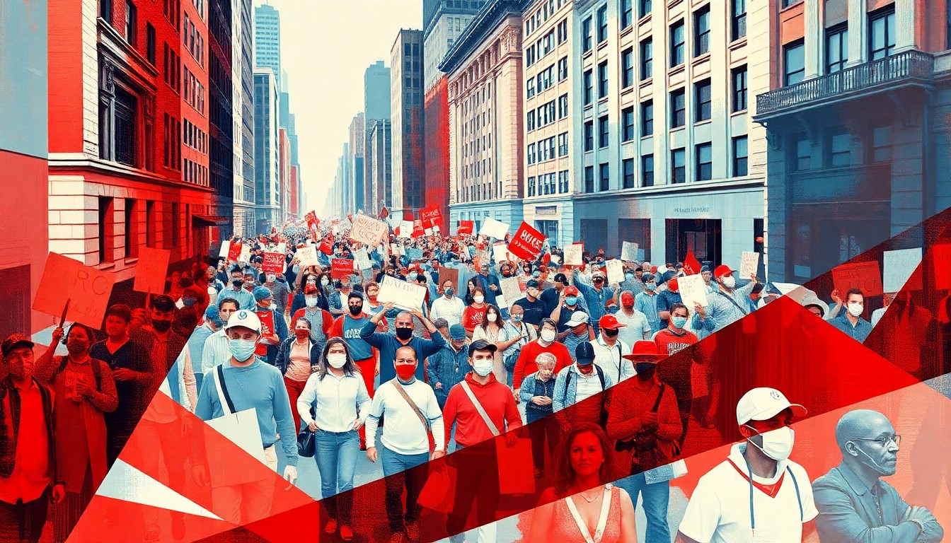 A dynamic, abstract painting of a crowd of protesters marching down a city street, with overlapping, geometric shapes and brushstrokes in shades of red, white, and blue, conveying the passionate energy and political divisions of the event.