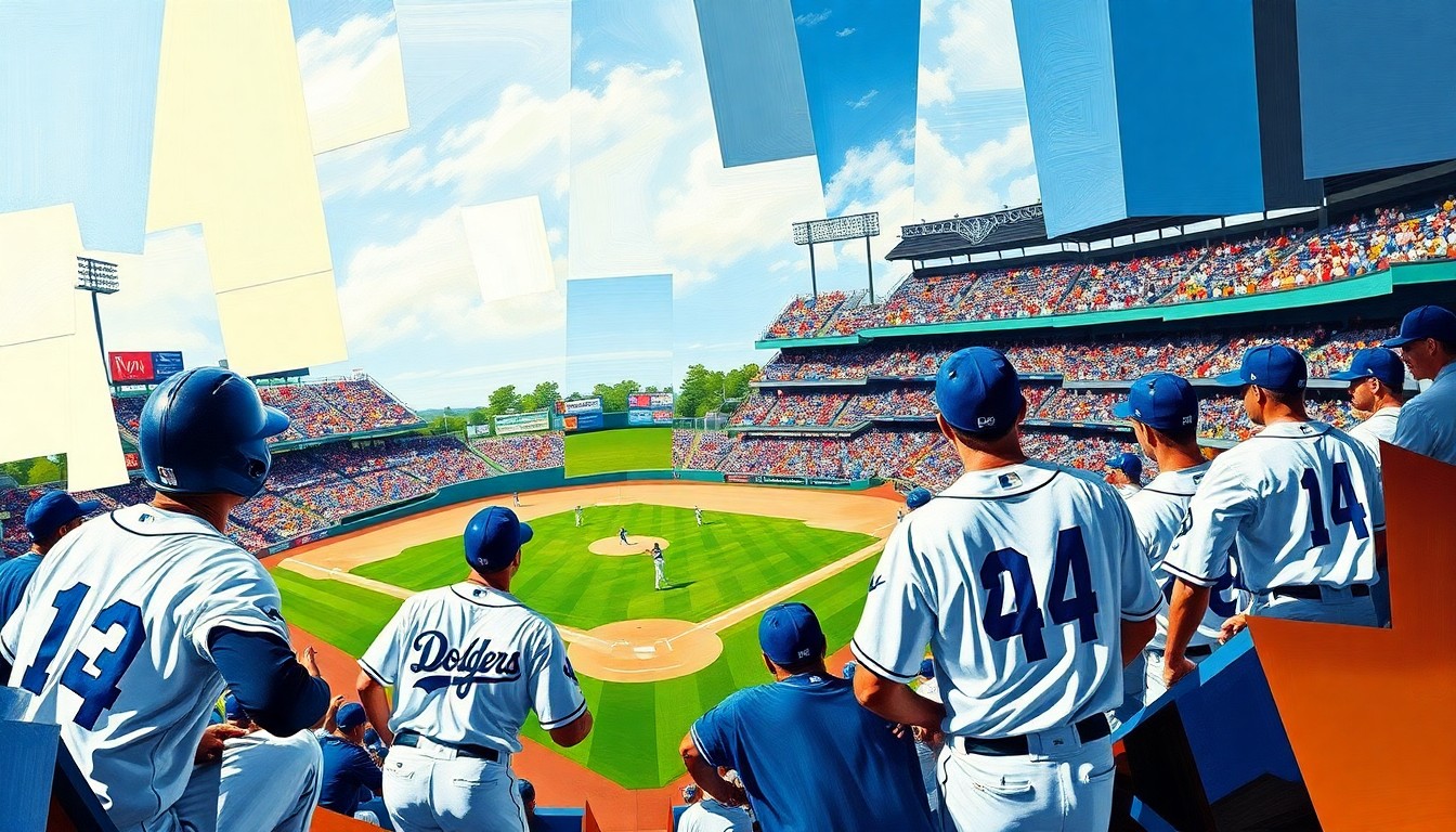 A cubist, geometric painting depicting a baseball game in motion, with fragmented, overlapping shapes and planes of vibrant blue, white, and green colors, capturing the energy and dynamism of the Dodgers' early-season success.