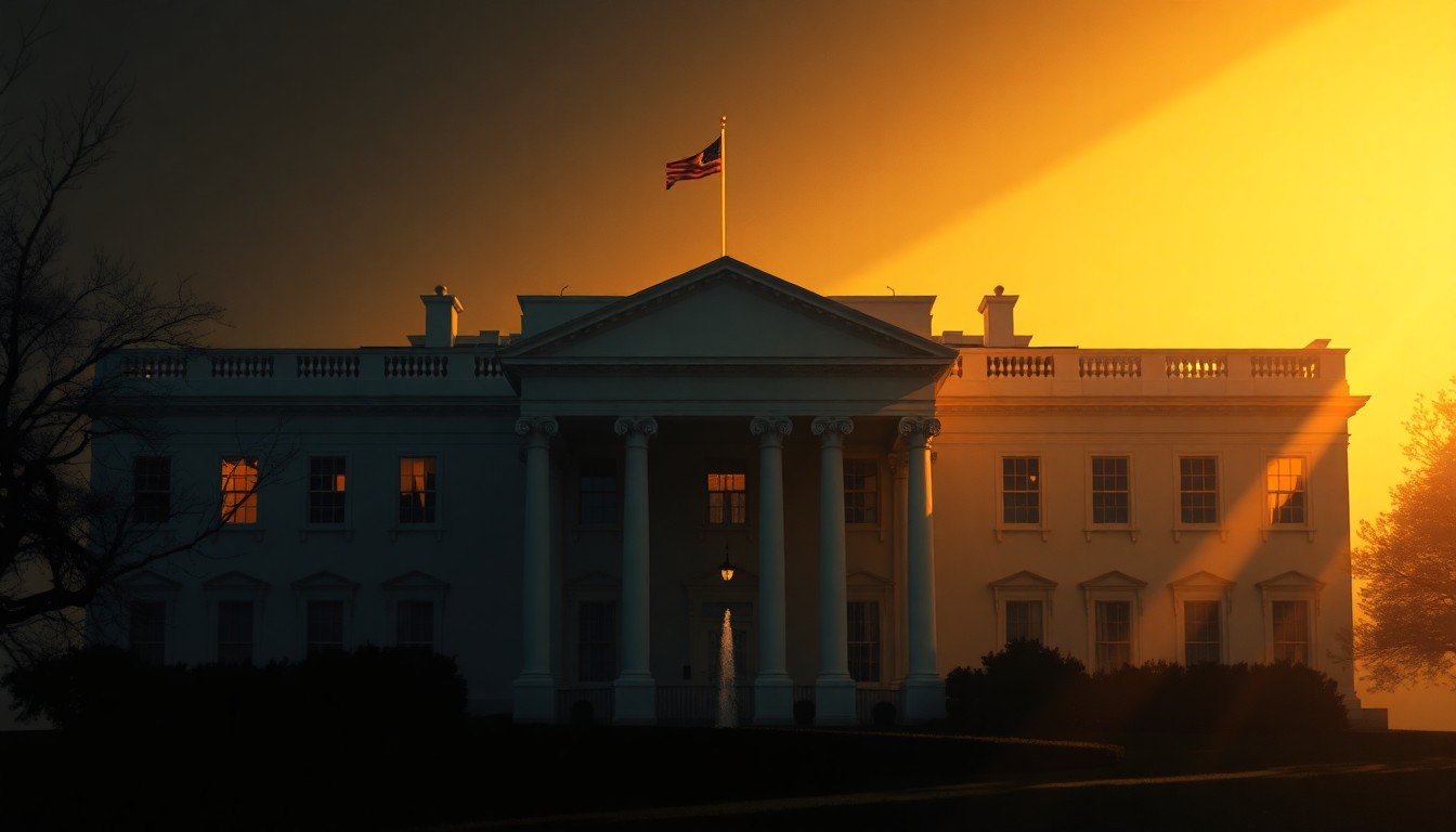 A serene, cinematic painting depicting the White House East Wing in warm, golden light, with the new ballroom addition intruding into the frame and casting a shadow over the historic structure, creating a sense of disruption and tension.