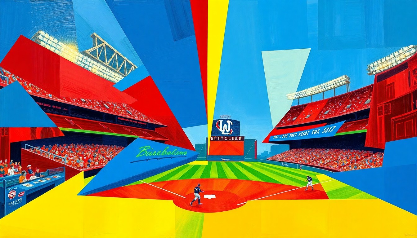 A vibrant, cubist-style painting depicting a baseball game broken down into overlapping geometric shapes and planes of color, capturing the dynamic energy of the sport.