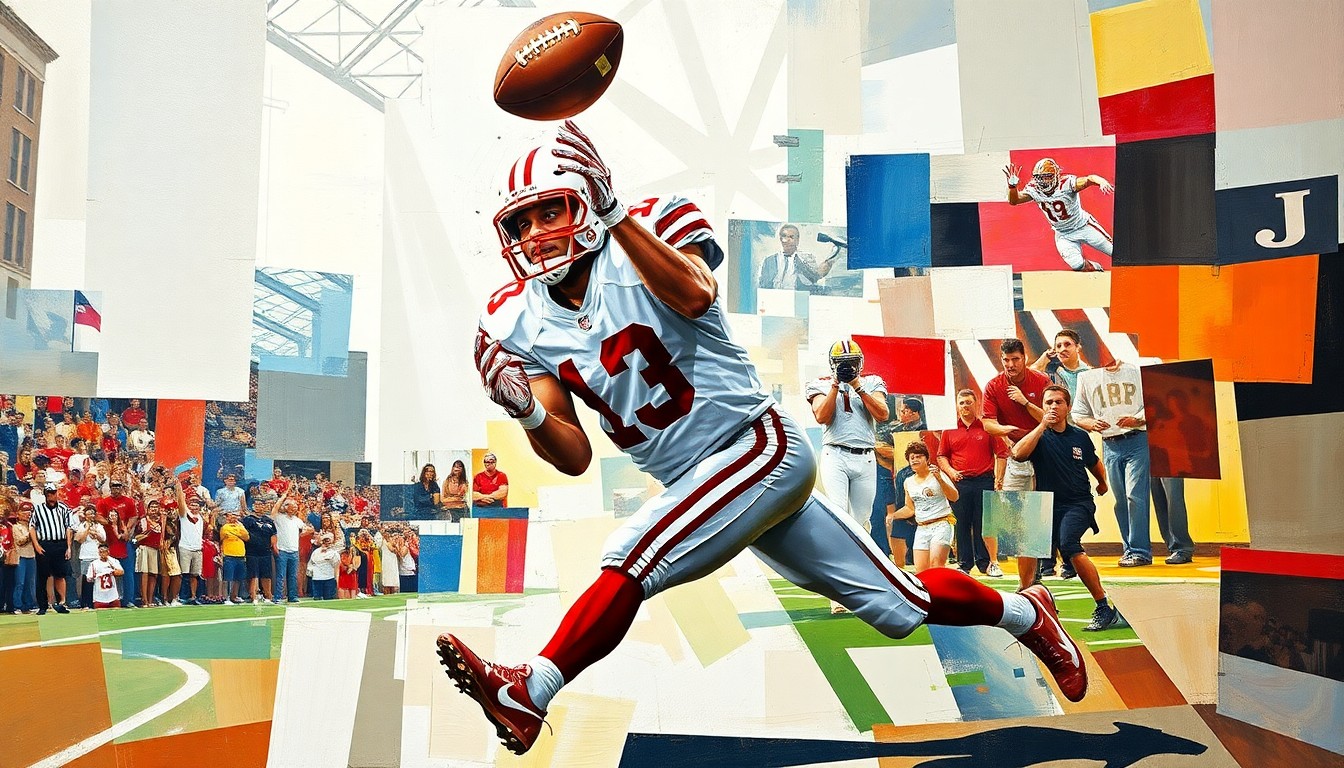 A cubist-style painting depicting a Nebraska football player making a catch, with the action broken down into sharp, overlapping geometric shapes in vibrant colors.