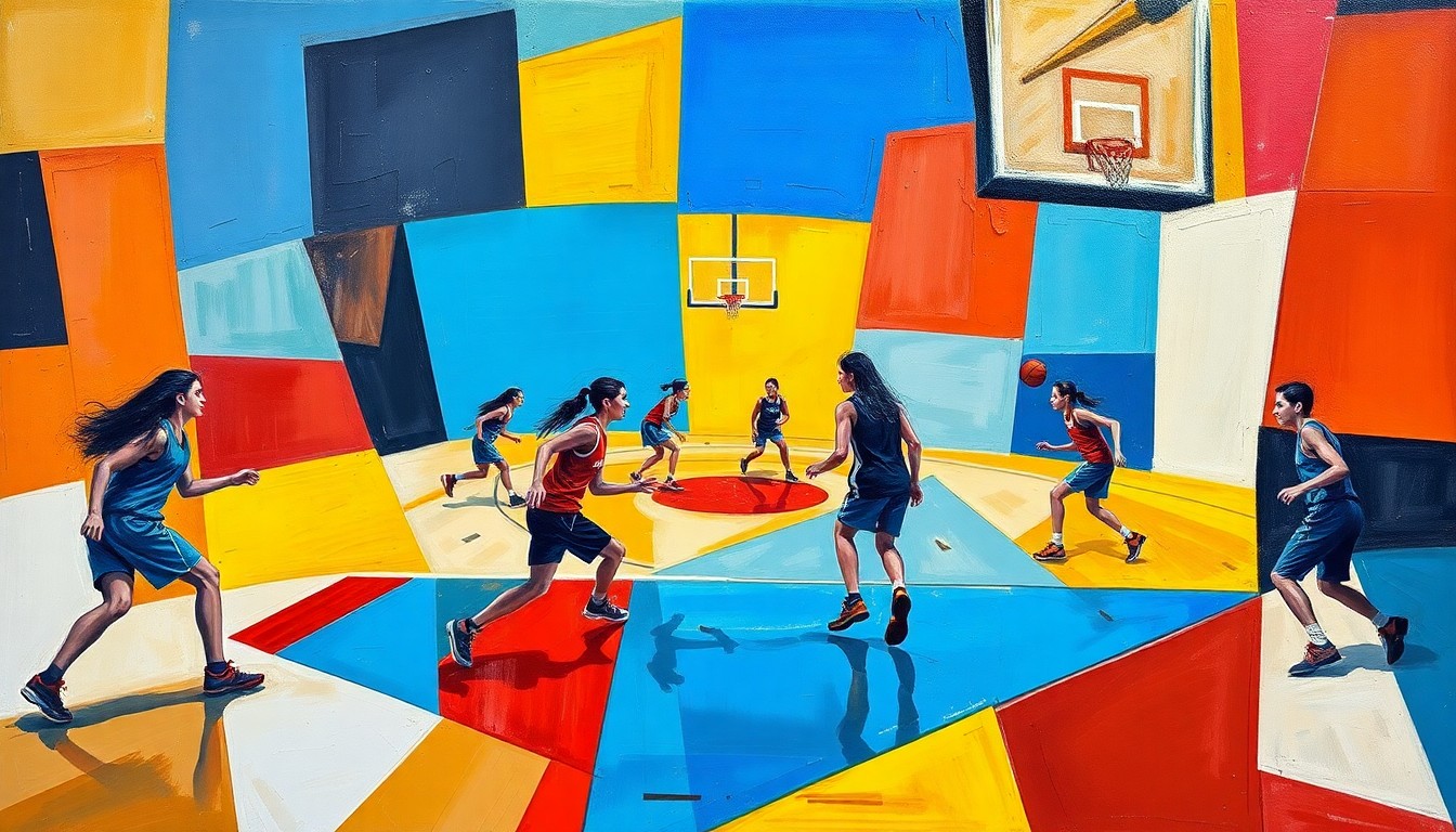 A cubist, geometric painting depicting the fragmented movements and lines of a girls' basketball game, rendered in a vibrant, abstract style.