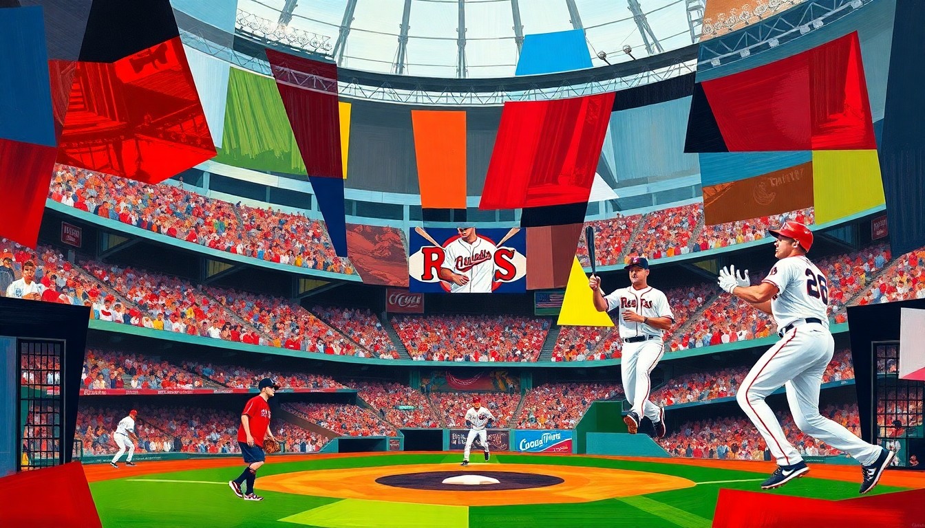 A cubist, geometric painting depicting a baseball game in progress, with the players and field fragmented into sharp, overlapping planes of color representing the Cincinnati Reds and Boston Red Sox uniforms. The conceptual illustration captures the challenges of the new automated strike zone system and the Reds' struggle to maintain their unparalleled success in challenging calls.
