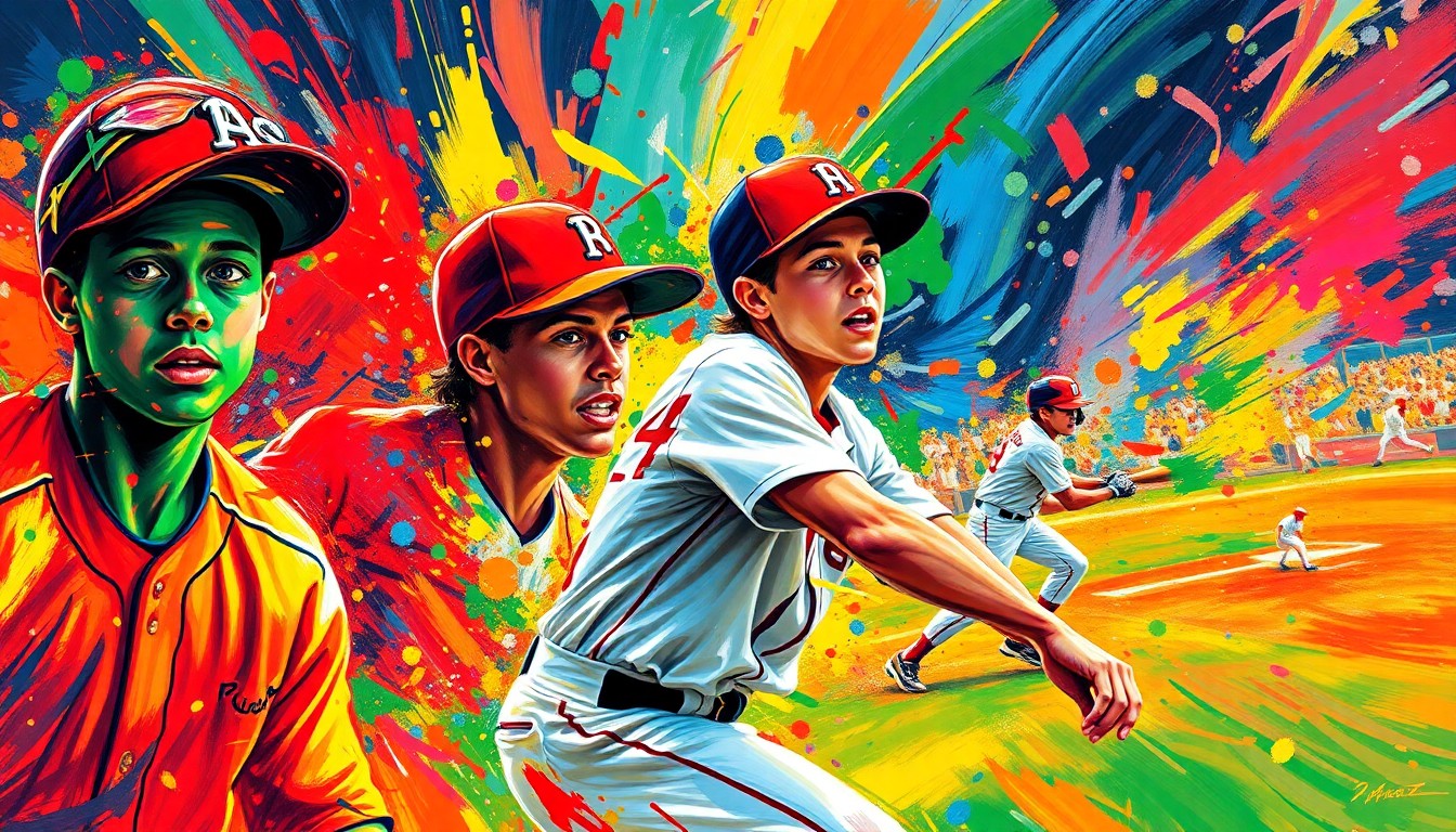 An abstract expressionist painting featuring bold, energetic brushstrokes in neon shades of blue, red, and yellow, capturing the dynamic motion and raw athleticism of a high school baseball game.