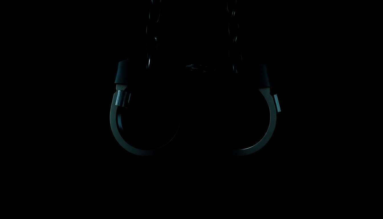 An extreme close-up photograph of a child's handcuffs or restraints against a pitch-black background, lit by a harsh, direct camera flash to create a stark, gritty, investigative aesthetic.