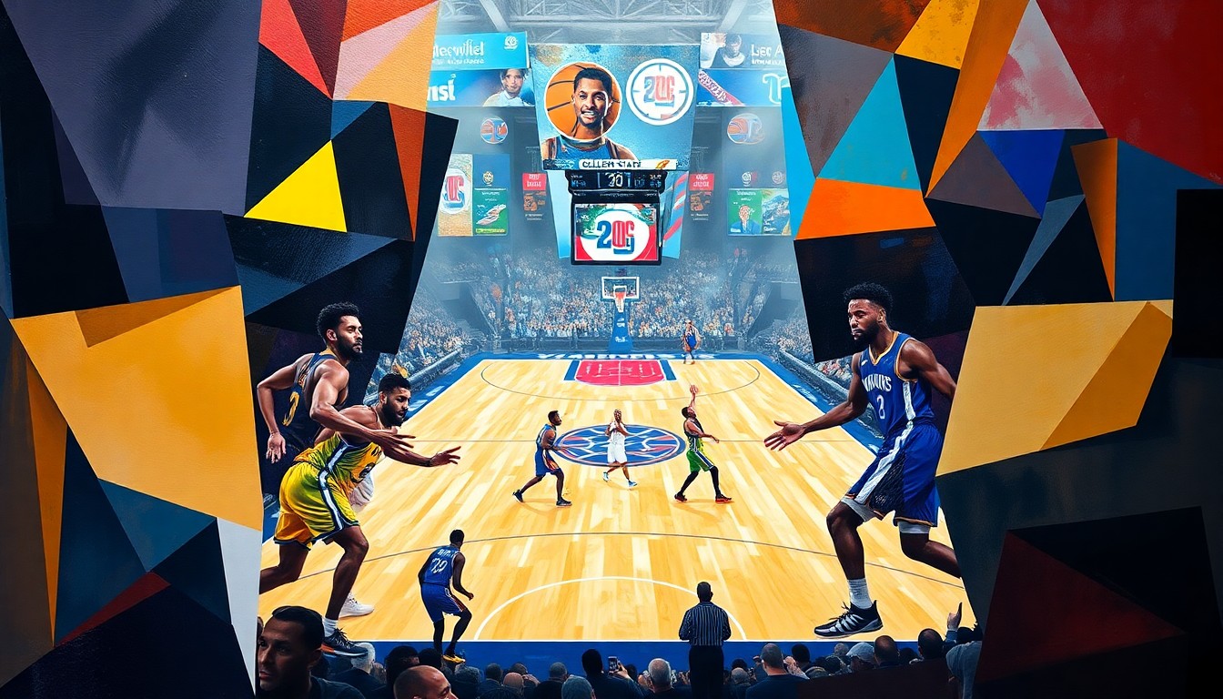 A cubist, geometric painting depicting an abstract basketball game, with the players' forms broken down into sharp, overlapping shapes in vibrant colors.