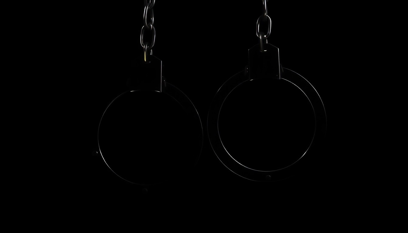 An extreme close-up photograph of metal handcuffs or police restraints against a pitch-black background, lit by a harsh, direct camera flash, creating a gritty, investigative aesthetic.