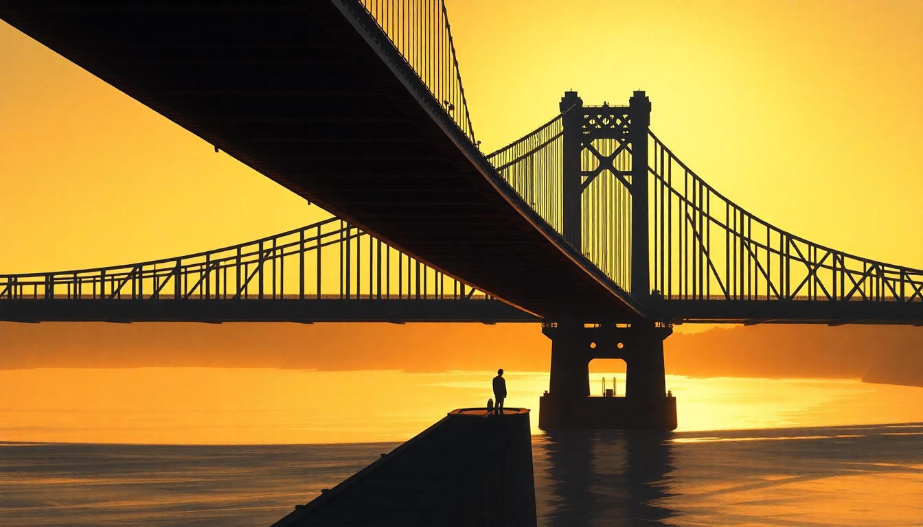 A cinematic painting of the Governor Mario M. Cuomo Bridge in warm, golden light, with a lone figure standing on the span overlooking the water, conceptually representing the state's recognition of Vietnam veterans.