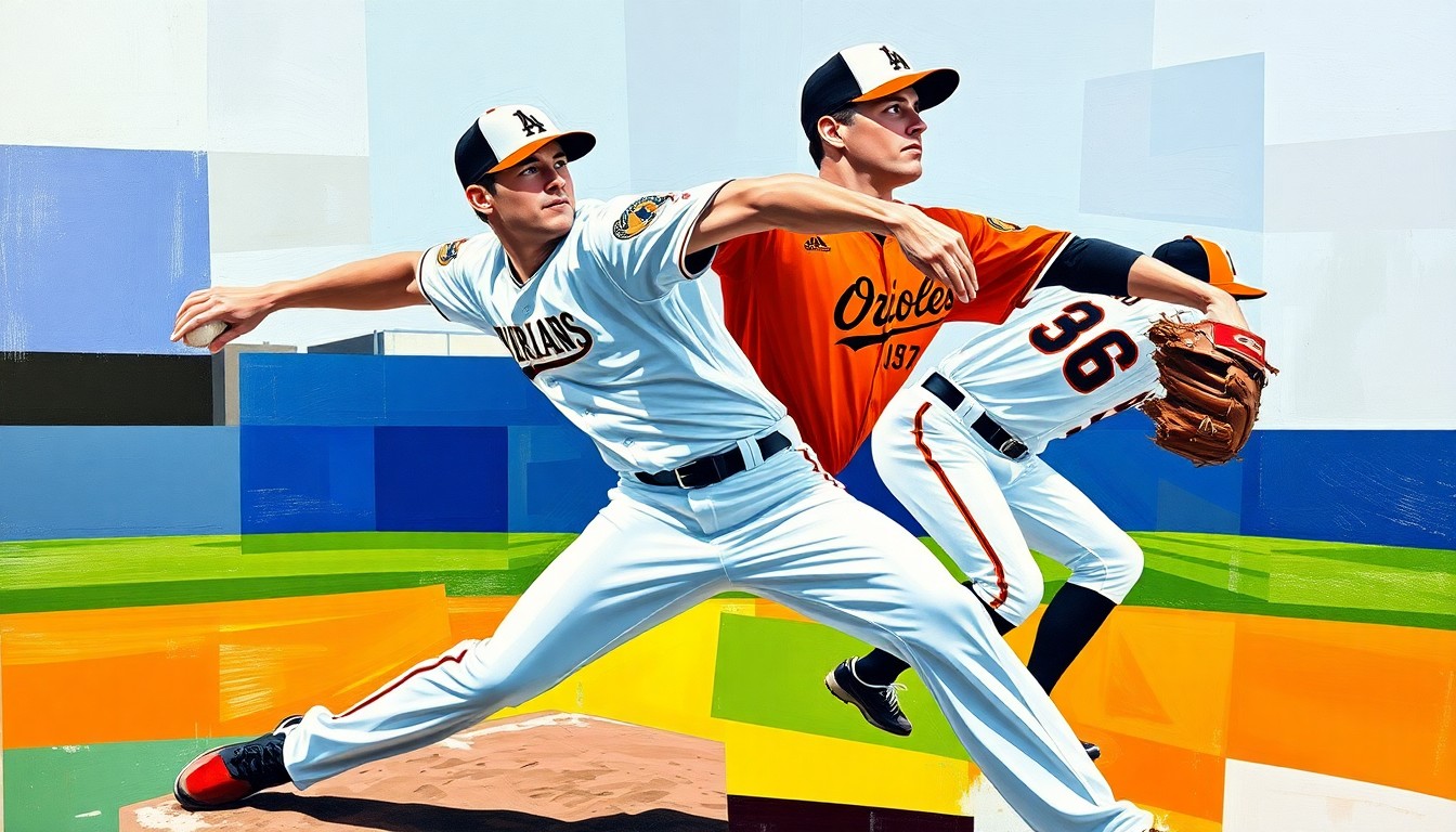 A fragmented, geometric painting in bold colors depicting the motion of a baseball pitcher, conceptually representing a trade between two MLB teams.