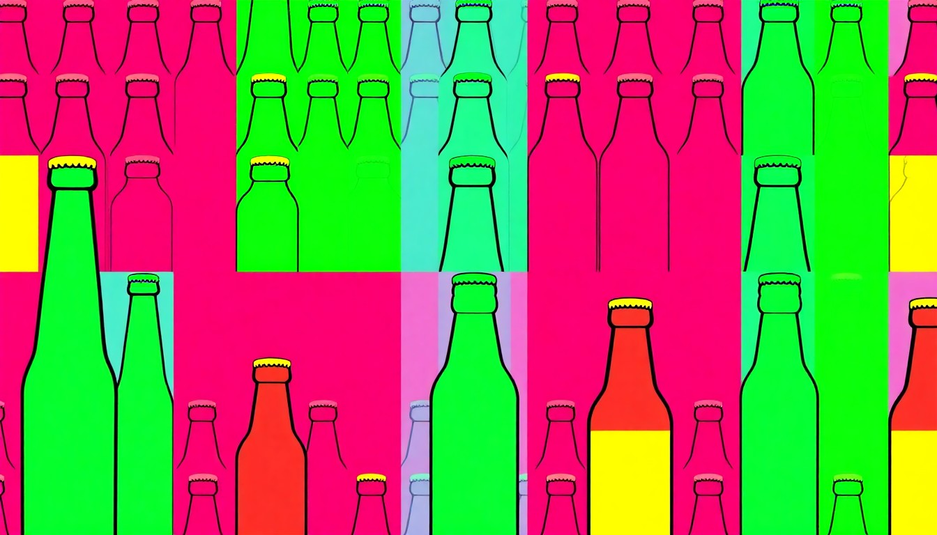 A vibrant, high-contrast silkscreen print featuring a repeated image of a beer bottle or glass in a grid pattern, rendered in a bold, neon color palette that captures the celebratory energy of Real Ale Brewing's 30th anniversary.