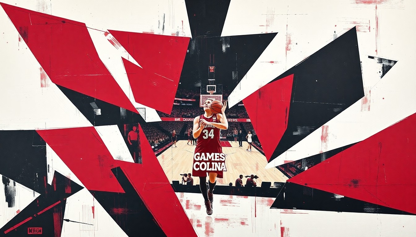 A cubist, geometric painting depicting a women's basketball game, with the players and court broken down into overlapping planes of garnet, black, and white colors.